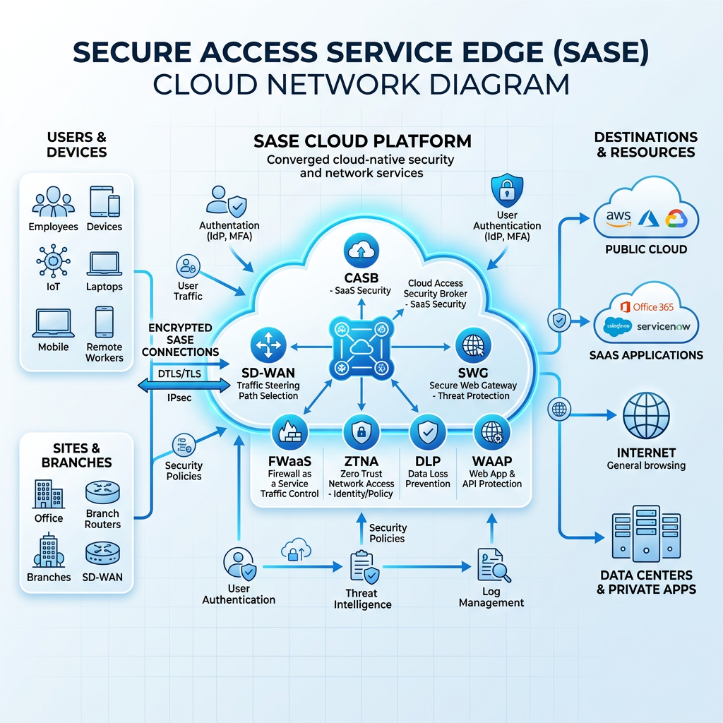 Secure Access Service Edge (SASE) cloud network diagram showing users, devices, sites, SASE cloud platform services, and destinations including public cloud, SaaS applications, internet, and data centers.