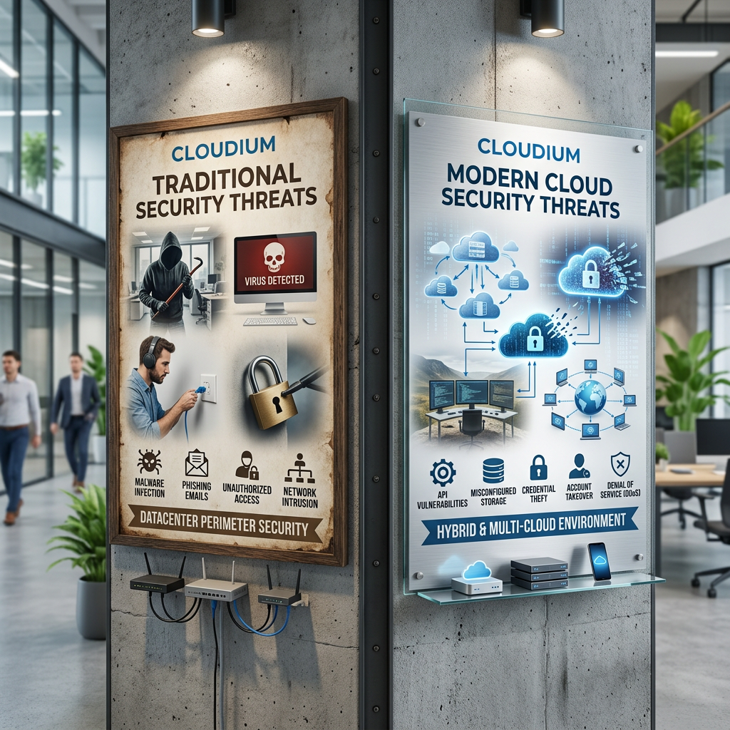 Posters detailing traditional security threats like malware and phishing, alongside modern cloud threats such as API vulnerabilities and account takeover.