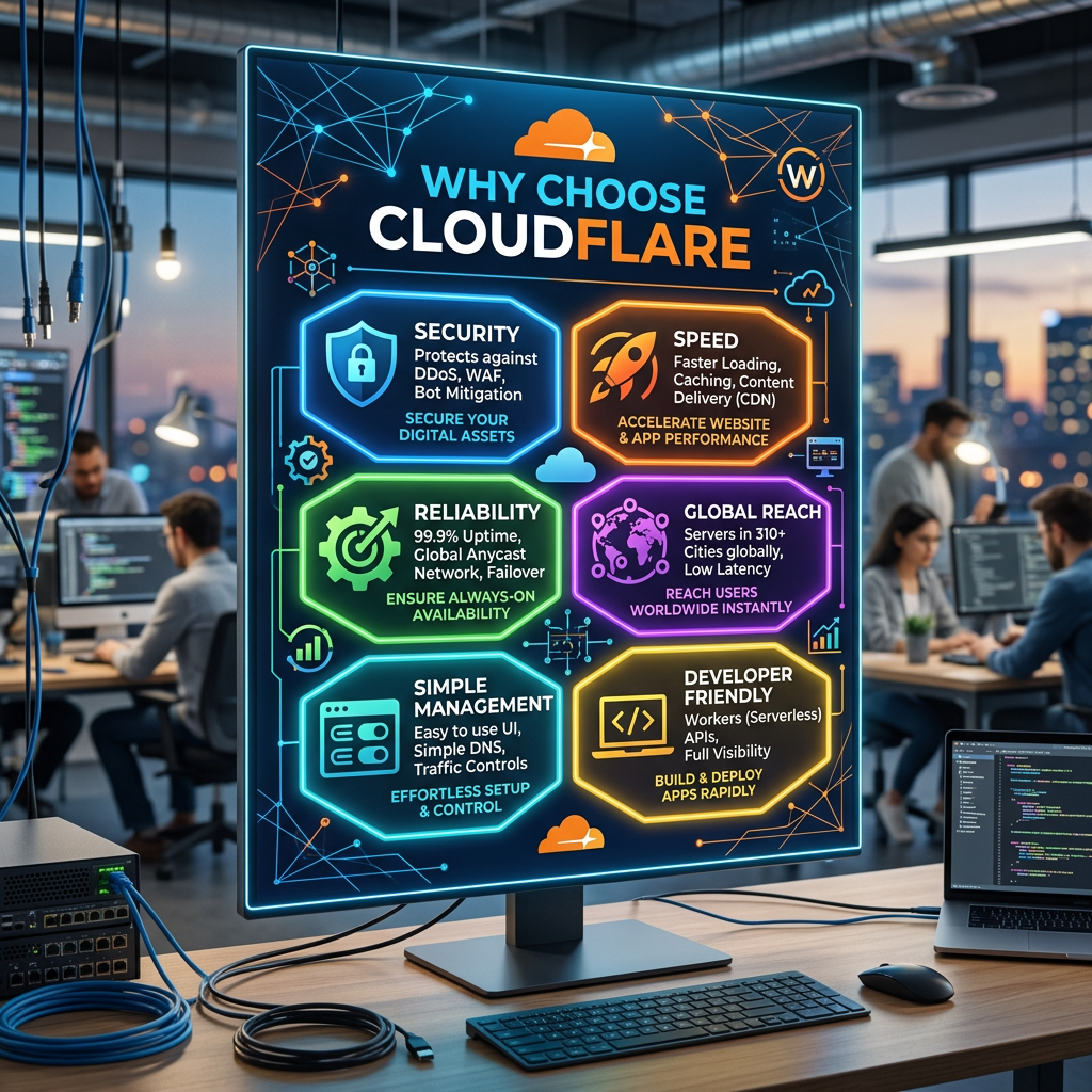 Infographic outlining Cloudflare benefits including security, speed, reliability, global reach, simple management, and developer friendliness.